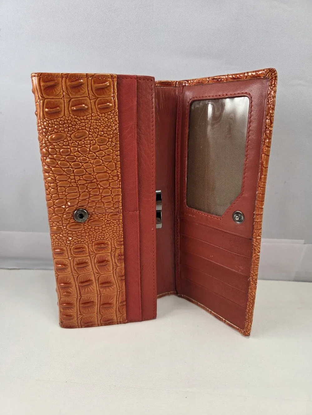 Vera Pelle Burnt Orange Croc Embossed Leather Kiss Lock Wallet